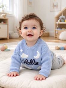 Infant Knitted Embroidered Crew Neck Pullover Sweater, Unisex Baby Comfortable Soft Versatile Outdoor Wear Knit Cardigan Long Sleeve Top - Blue - View 11