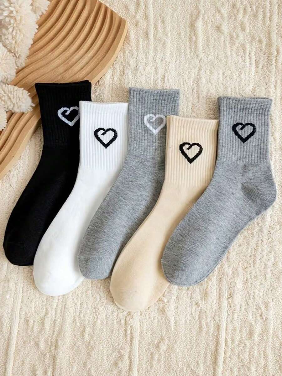 1/5 Pairs Women's Warm Heart Pattern Mid-Calf Socks, Soft Comfortable Breathable Socks, Preppy Design, Suitable For All Seasons, Perfect For Commuting And Home Wear - Multicolor - View 1