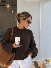 1pc Women's Coffee Brown Semi-High Neck Dropped Shoulder Long Sleeve Knit Sweater, Short Loose Fit Pullover Top, Minimalist Basic Style For Street, Daily Wear, Weekend Gatherings - Coffee Brown - View 3