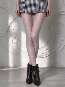1 Pair White Transparent Tights, Bow Jacquard Women's Pantyhose, Suitable For Date Night - White - View 2