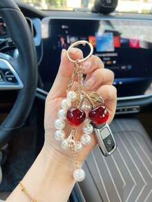 Cross-Border Cute Red Cherry Pearl Keychain Elegant Faux Pearl Tassel Key Ring Sweet Fruit Pendant Bag Charm Car Key Accessory For Women - Multicolor - View 3