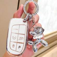 Car Key Cover Cute Puppy Keychain, Shiny Rhinestone Spring Ring Design, Soft TPU Protective Shell, Compatible With For Chrysler 200 300 Dodge RAM Challenger Journey - A - View 9