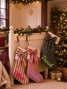 1 Personalized Christmas Stocking – Custom Handmade Yarn Name, Bow, And Plaid/Stripe Design; Suitable For Hanging By The Fireplace As Holiday Decor Or As A Festive Gift Bag. - Multicolor - View 3