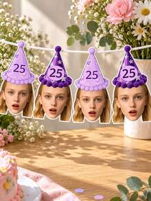 8/16/24pc Custom Photo Face Banner, 25th Birthday Purple Butterfly Party Hat Photo Bunting, Personalized Face Cutout Birthday Banner, Birthday Party Decorations, Custom Age Banner - Multicolor - View 6