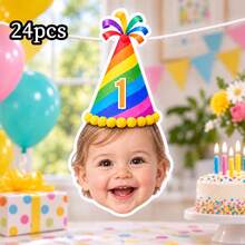 8/16/24pc Custom Face Photo & Text Birthday Banner, Personalized Portrait Cutout Bunting Garland With Number Party Hat, Milestone Birthday Party Decor,Photograph Backdrop - Multicolor - View 13