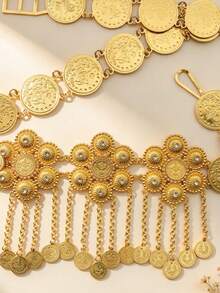 Gold Alloy Decorative Belt, Vintage Floral Tassel Design, Middle Eastern Dress Robe Matching Accessory - Gold - View 9