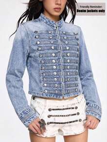 Women Y2K Vintage Washed Cropped Denim Jacket, Stand Collar Multi Buttons Military Style Short Jean Coat - Blue - View 1