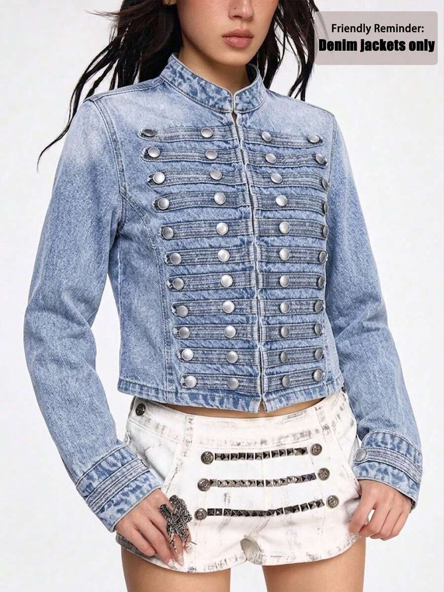 Women Y2K Vintage Washed Cropped Denim Jacket, Stand Collar Multi Buttons Military Style Short Jean Coat - Blue - View 1