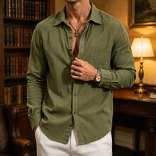 Men's Army Green Solid Linen Long Sleeve Shirt, Casual Lapel Button-Up Top With Chest Pocket, Lightweight Breathable Everyday Basic - Army Green - View 1