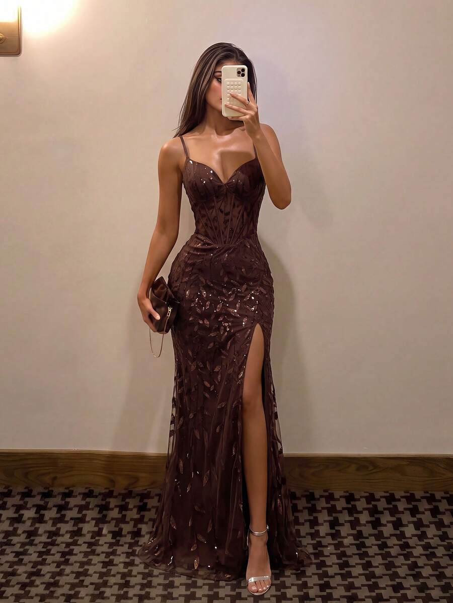 ADYCE Elegant Sequin Embroidered Spaghetti Strap V-Neck Hollow High Waist High Slit Backless Tie Ball Gown Party Wedding - Brown - View 1