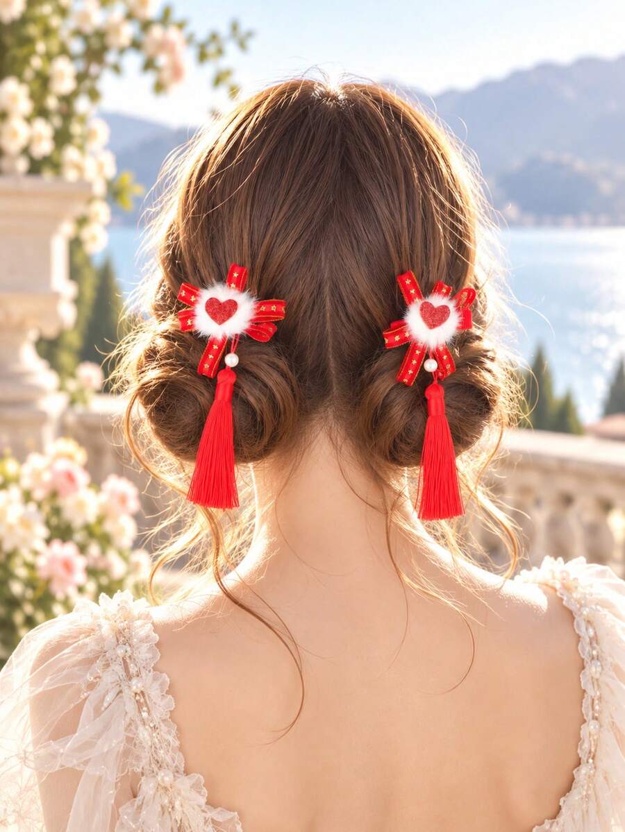 1 buah Aksesori Rambut Pita Satin Merah Vintage Bentuk Bintang Jepit Rambut Rumbai Panjang dengan Mutiara dan Hati Merah - Merah - View 1