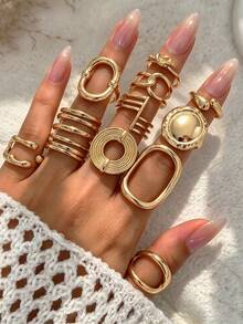 11pcs Fashion Minimalist Elegant Exquisite Vintage Design Geometric Ribbon Wave Water Drop Twisted Knot Round Square Asymmetrical Textured Metal Style Chunky Rings Set, Stackable For Holiday, Vacation, Party, Date, Gift, Daily Wear, Personalized - Yellow Gold - View 4