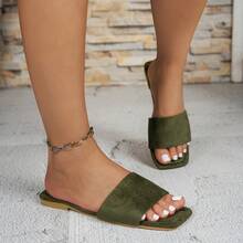 Women's Spring/Autumn Slouchy Soft Sole Fashion Retro Comfortable Army Green Velvet Flat Slippers, Square Toe Non-Slip Versatile All-Season Indoor House Slippers - Dark Green - View 10