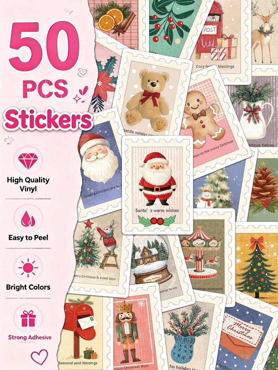 50pcs Retro Christmas Stickers For Adults Teens Sticker Enthusiasts Scrapbooking Journaling Laptops Skateboards More, Add A Fun Touch To Your Devices! - one-size - View 1