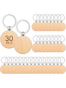 30pcs Blank Wooden Keychains, Round Unfinished Wooden Key Rings Tags, DIY Handmade Engraving Blank Pendants, Handmade Gift Making Accessories - Wood Color - View 1