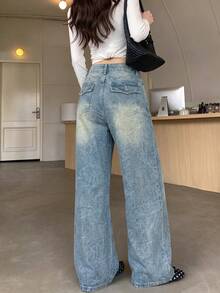 Relaxed Straight Leg Vintage Washed Loose Fit Casual Jeans For Women, Autumn - Blue - View 2