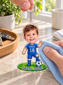 Customized Children's Photo Soccer Player Keychain, Personalized Name And Jersey Number Acrylic Key Ring, Sports Keepsake For Son, Football Enthusiast, 1st Birthday Gift - Blue - View 9