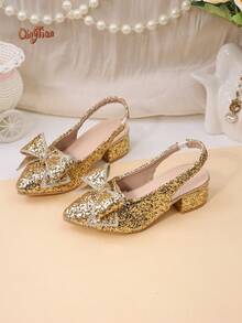 Girls' Soft Cushioned Chunky Heel Sandals, Eye-Catching Rhinestone Bow Element, Full Gold Glitter, Open Back Closed Toe, Glitter Fabric, Luxury Princess Style, Suitable For Performance, Wedding Flower Girl Outfit - Gold - View 5