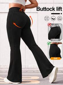 SUPEKYKO Plus Size Women's High Waist Pocket Flare Yoga Pants, Wide Leg Yoga Pants, Loose Casual Shaping Workout Leggings Suitable For Fitness - Black - View 2
