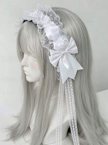 1件時尚蕾絲髮箍，附優雅玫瑰花蝴蝶結緞帶，Lolita風格側夾髮飾，適合女性Cosplay - 彩色 - 查看 2