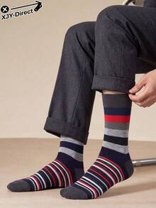 5 Pairs Random Assorted Men's British Vintage Striped Mid-Calf Socks, Breathable, Sweat-Absorbent, Soft, Skin-Friendly, High-Elastic Ribbed Cuff, Contrast Horizontal Stripes, Daily Commute, Casual, Business Wear, All-Season - Multicolor - View 2