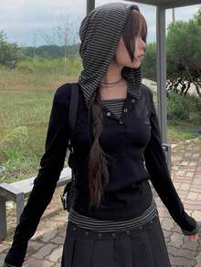 Colorblock Striped 2 In 1/Deconstructed Preppy Casual Hooded Long Sleeve Women's T-Shirt For Spring And Autumn - Black - View 6