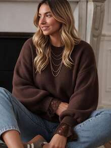 Plus Size Autumn/Winter New Solid Color Minimalist Round Neck Long Sleeve Casual Slouchy Women's Knit Sweater, Chocolate Brown Fashion Loose Commuter Pullover - Brown - View 1
