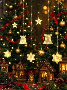 1pc 2m Battery Powered Christmas Snowflake Bell Curtain String Lights, Christmas Home Decor Star String Lights, Bedroom Wall Decor Bell String Lights, Christmas Tree Decoration Lights - Clear Snow + Bell - View 1