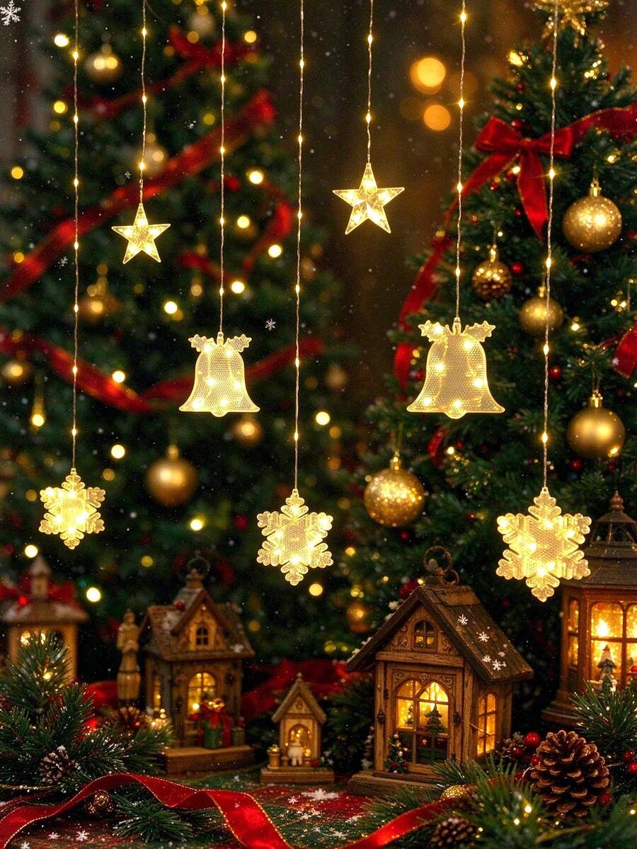 1pc 2m Battery Powered Christmas Snowflake Bell Curtain String Lights, Christmas Home Decor Star String Lights, Bedroom Wall Decor Bell String Lights, Christmas Tree Decoration Lights - Clear Snow + Bell - View 1