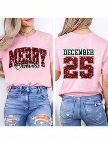 Women's Short-Sleeve T-Shirt Featuring "MERRY" Lettering Printed On Both Sides; A Casual Crew-Neck Top-Perfect For Holiday Parties-In Pink. - Pink - View 7