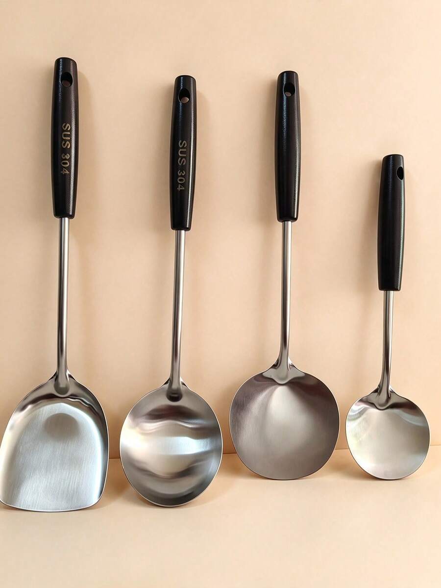 4pcs Set Wooden Handle Stainless Steel Mushroom Spatula, Soup Ladle, Large And Small Sizes, Long Handle Non-Slip Kitchen Cooking Utensils, Stir-Fry Spoon, Iron Spatula, Non-Stick Pan - Silver - View 1