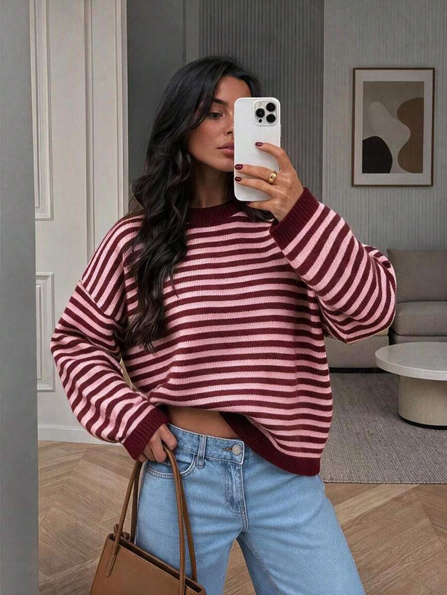Women's Autumn New Colorblock Striped Knit Sweater For Daily, Campus, Commute And Travel - Maroon and Pink - View 1