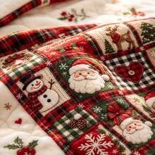 1PC Plaid Patchwork Christmas Quilted Throw Blanket, Santa Gingerbread Man Snowman Pattern Decorative Cover For Sofa - Multicolor - View 5