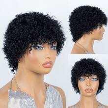 AMECIRE Curly Wig Pixie Cut Wig Hair Wigs Women's Short Hair Wig With Wigs Human Hair Put On And Go Bangs Elastic Mesh Cap Suitable For All People - Natural Black - View 7