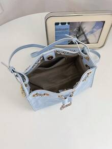 Tas X.Y. Wanita Biru PU Bucket Bag Motif Berlian dengan Tali Rantai dan Tali Serut untuk Perjalanan Sehari-hari dan Kencan - Baby Blue - View 6