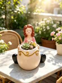 Cute Resin Girl Hugging Pot Succulent Planter, Creative Character Flower Pot, Indoor Window Sill Desktop Garden Decor Gift - A - View 6