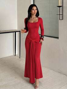 Women's Red Long Sleeve Knit Dress With Ruched Detail, Formal Evening Gown - Red - View 2