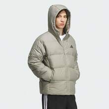ADIDAS Men's Grey-Green Hooded Down Jacket, Minimalist Outdoor Sports Style, Autumn/Winter City Commute Outfit, KC2479 - Olive Green - View 3