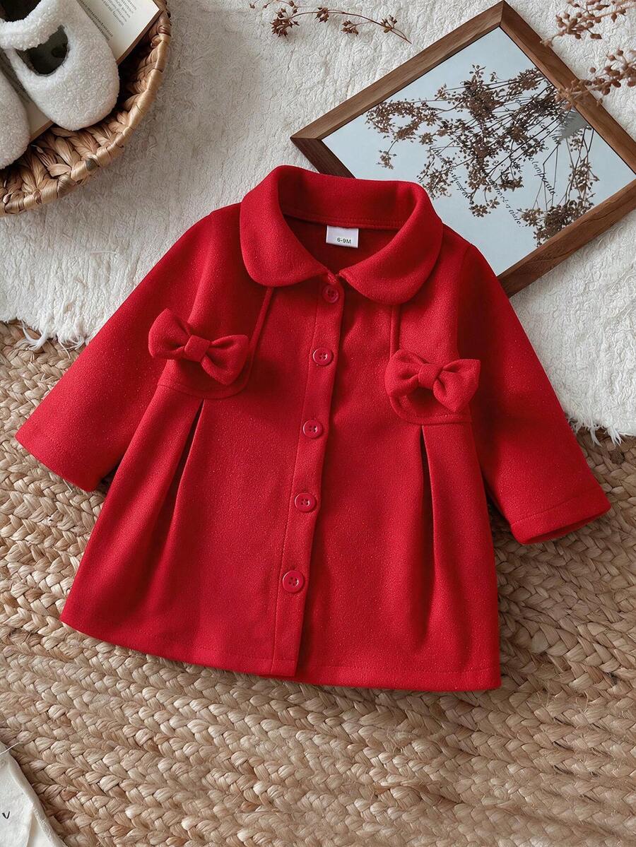 Baby Girl Elegant Elegant Bright Red Overcoat, Peter Pan Collar 3D Bow Single-Breasted Front Opening Mid-Length Overcoat - Red - View 1