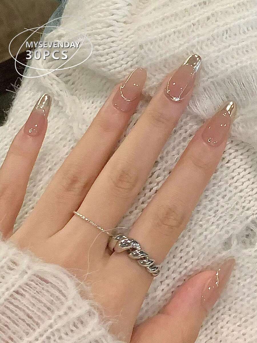30pieces Press On Nails Medium Oval. Nude With Golden French Tips ...