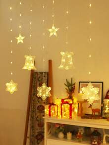 1pc 2m Battery Powered Christmas Snowflake Bell Curtain String Lights, Christmas Home Decor Star String Lights, Bedroom Wall Decor Bell String Lights, Christmas Tree Decoration Lights - Clear Snow + Bell - View 3