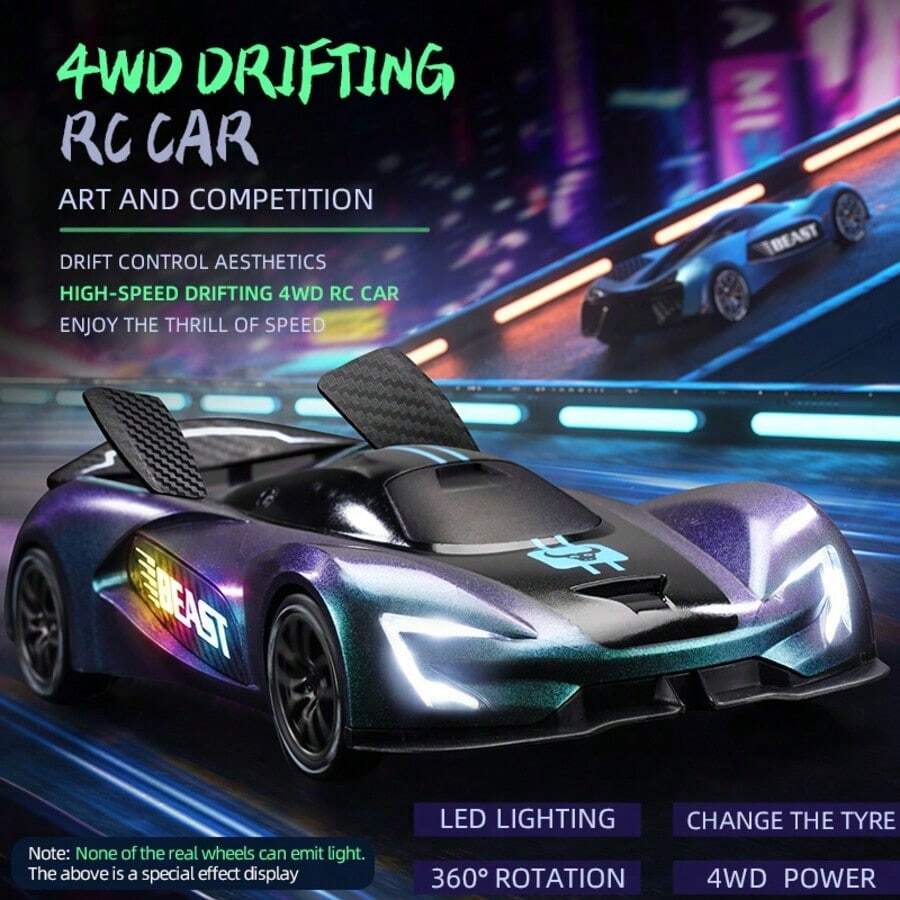 Xe drift RC 4WD tốc độ cao, drift đa hướng, đèn pha LED, kèm lốp dự phòng và chướng ngại vật, sơn kim loại gradient đổi màu, thân ABS chống va đập, đua mọi địa hình trong nhà và ngoài trời, cho trẻ 14+, quà tặng hoàn hảo