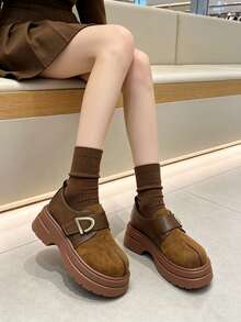Women's Thick Sole Preppy Style Buckle & Hook And Loop Loafers - Brown - View 2