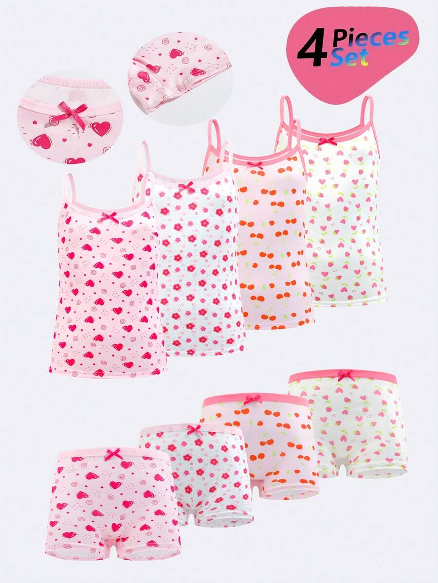 4 Sets/8 Pieces Tween Girls Camisole & Panty Set, Cute Floral Print Bow Design, Soft & Breathable Top & Panty Set - Multicolor - View 1