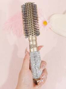 1pc Round Barrel Brush, High-Value Shiny Artificial Rhinestone Decorated, For Curly Hair Styling And Volumizing, Travel Portable Home Hair Comb, Exquisite Gift - Silver - View 8