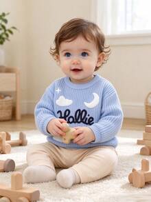 Infant Knitted Embroidered Crew Neck Pullover Sweater, Unisex Baby Comfortable Soft Versatile Outdoor Wear Knit Cardigan Long Sleeve Top - Blue - View 1