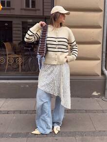 Women's Striped Knit Cardigan, Cute Heart Sweater, Suitable For Christmas, Halloween, Thanksgiving - White - View 4