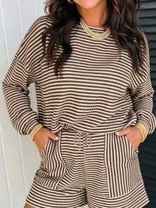 Acelitt Spring/Autumn Casual Home Wear Oversized Round Neck Textured Striped Long Sleeve Top + Drawstring Shorts 2 Pieces Set, Suitable For Daily Home Wear - Brown - View 1