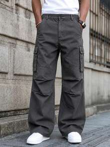 Men's Minimalist Loose Long Solid Color Cargo Pants, Suitable For Autumn, Street Style Cargo Pants, Personalized Multi-Pocket Practical Lumberjack Pants, Wide Leg Pants - Grey - View 3