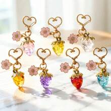 1pc Random Style Cute Transparent Glitter Strawberry Keychain Pink Cherry Blossom Heart Hook Pendant Bag Charm Small Gift For Girls - one-size - View 2